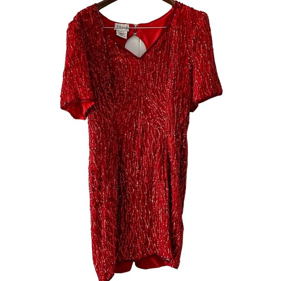 Vintage Stenay 100% silk beaded & sequined lipstick red party dress size large L - Picture 9 of 9